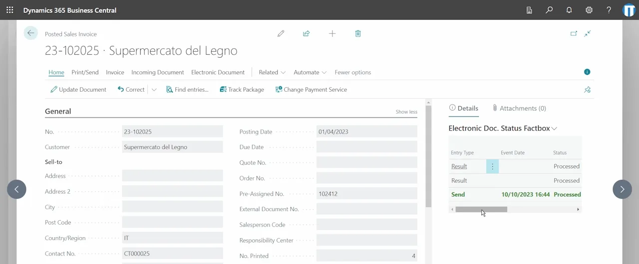 Business Central posted sales invoice with the electronic document status factbox listing send and result events