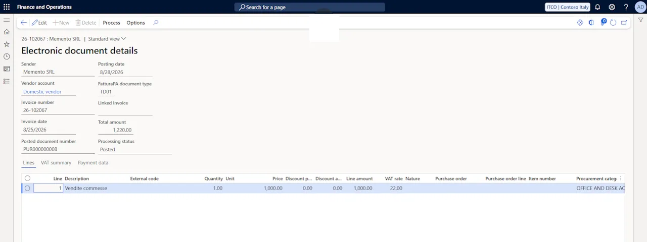 Electronic document details in Dynamics 365 Finance with the received invoice lines, VAT summary and the posted purchase document number