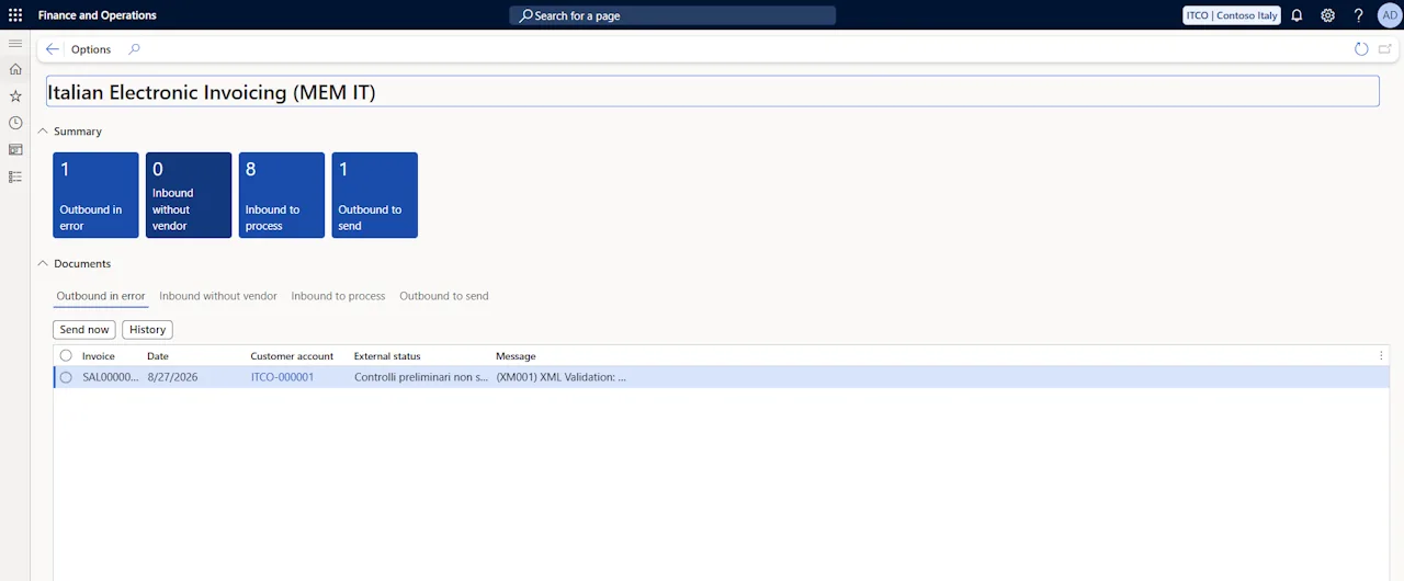 Dynamics 365 Finance Italian Electronic Invoicing workspace with counters for outbound in error, inbound without vendor, inbound to process and outbound to send