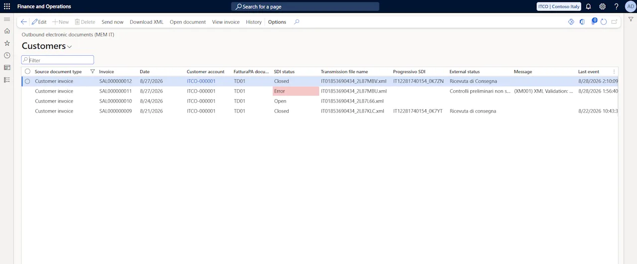 Dynamics 365 Finance outbound electronic documents list with FatturaPA document type, SDI status, transmission file name and last SDI notification