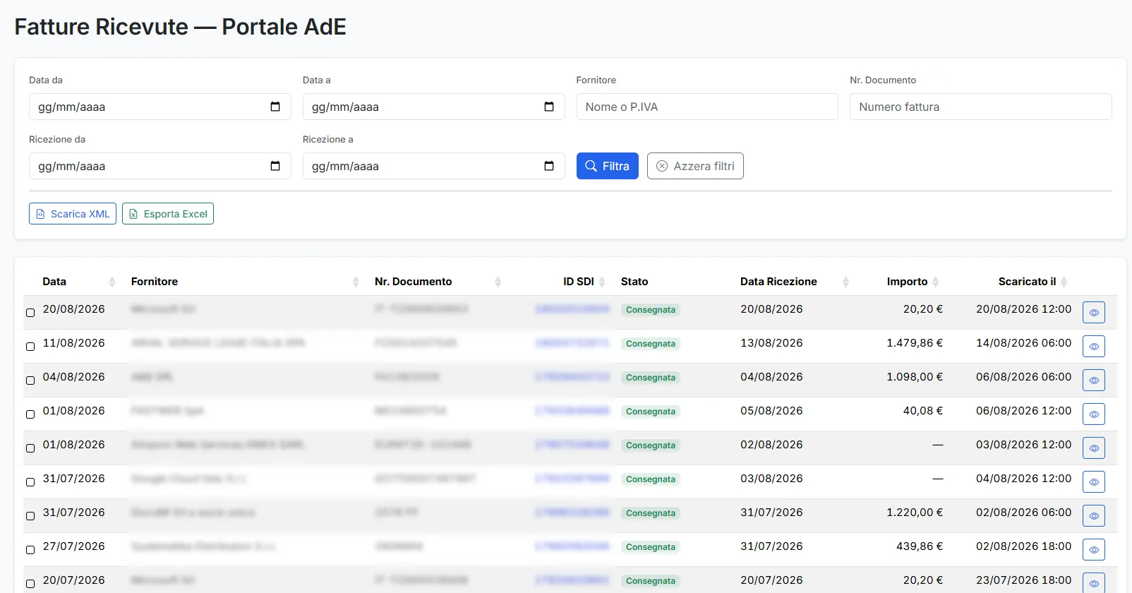 List of received invoices retrieved from the Fatture e Corrispettivi portal of the Agenzia delle Entrate, with SDI identifier, status, amount and download date
